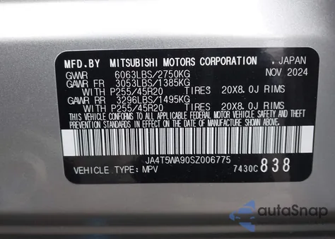 2025 Mitsubishi Outlander Phev Sel S-Awc from USA, damaged, VIN JA4T5WA90SZ006775